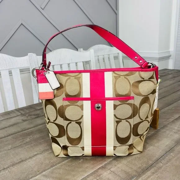 Coach Signatur Hamptons Weekend Khaki Pink Signature Stripe Tote Purse 10055 - Picture 3 of 8